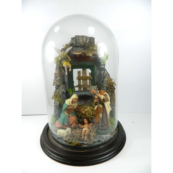 Neapolitan Nativity Scene in Glass Bell Cm 24x42h Craft Temple Gift Idea