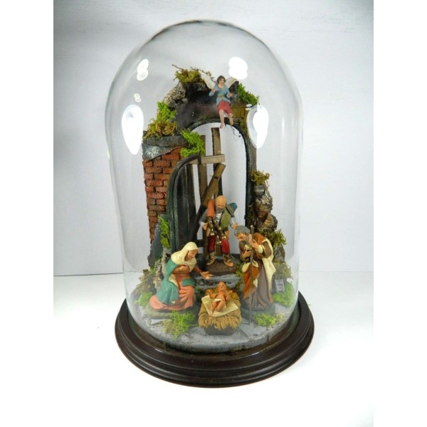 Neapolitan Nativity Scene in Glass Bell Cm 30x41h Craft Temple Gift Idea