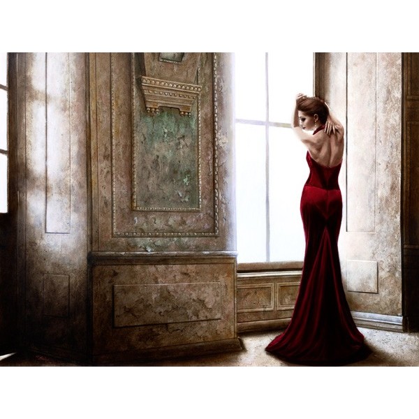 Quadro Donna in Rosso alla Finestra 2 Stampa su Mdf Tela Swarovski Pannello Casa