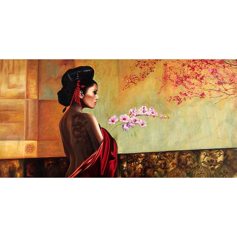 Quadro Geisha Giapponese in Rosso con Orchidee Stampa su Mdf o