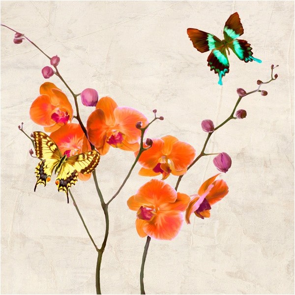 Quadro Orchidee e Farfalle N 1 Stampa su Mdf Tela Swarovski Arredo Casa Panello