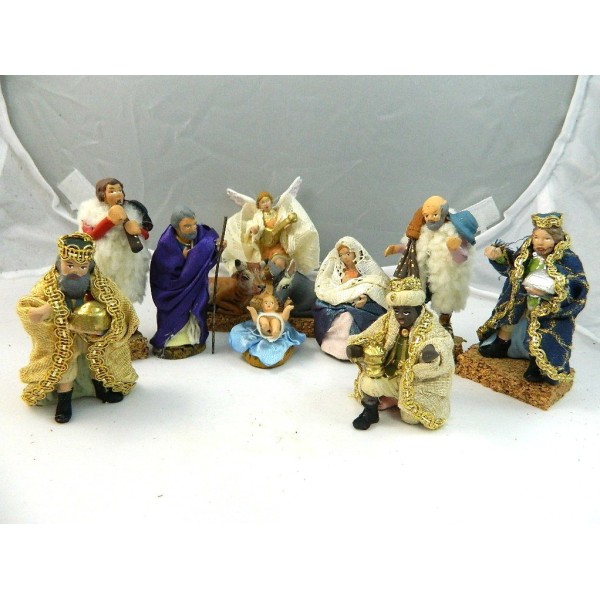 Nativity 11Pt Terracotta Cm8 with Cloth Dresses Sacred Family Shepherds Nativity